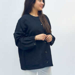 Blouse Noire à Boutons & Manches Bouffantes