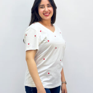 T-Shirt Blanc à Cœurs Brodés