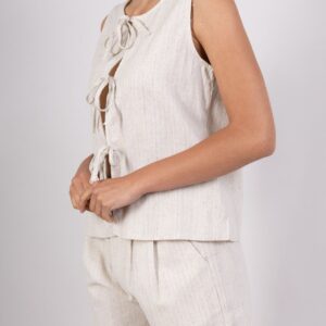 Top Sans Manches en Lin à Liens Noués – Rayures Subtiles Beige