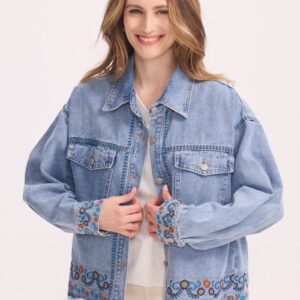 Veste en Jean Brodée à Motifs Colorés