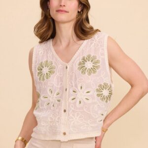 Gilet Brodé en Coton – Motifs Floraux Vert Sauge