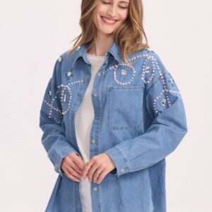 Chemise en Jean Oversize avec Broderies & Strass Multicolores