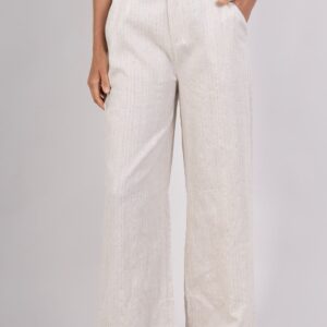 Pantalon Large en Lin Beige à Rayures Subtiles