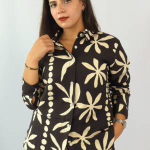 Ensemble femme noir à imprimé floral crème – Chemise & Pantalon fluide