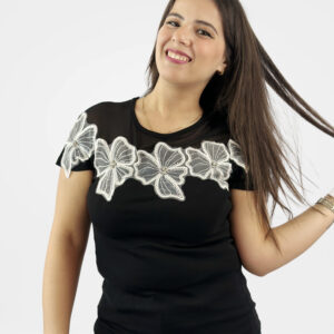 T-shirt Noir à Fleurs Brodées en Relief et Strass