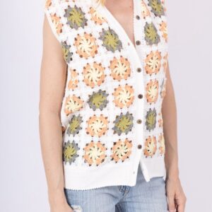 Gilet Sans Manches en Crochet Multicolore – Style Bohème Vintage
