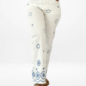 Pantalon Large Femme Brodé Motifs Cercle – Finitions Bas Brodés et Franges