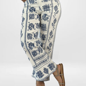 Pantalon Brodé Femme Motif Floral Vertical – Coupe Évasée Bohème