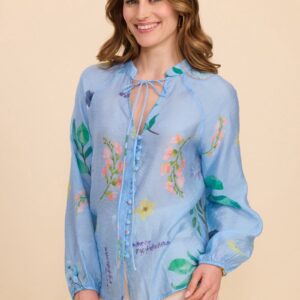 Blouse bleue transparente imprimée florale