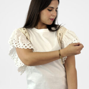 T-shirt Blanc à Manches Papillon en Broderie Anglaise et Dentelle