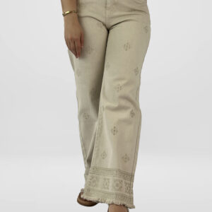 Pantalon Large Femme Brodé – Style Bohème à Finition Frangée