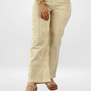 Pantalon Large Femme Écru Brodé – Motif Floral Ton sur Ton