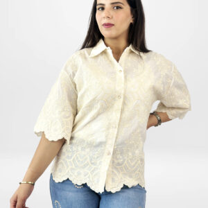 Chemise Femme Brodée Manches 3/4 – Motifs Floraux Détail Festonné