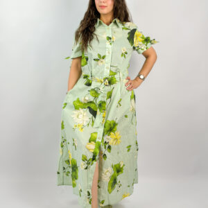 Robe chemise longue verte à imprimé fleuri