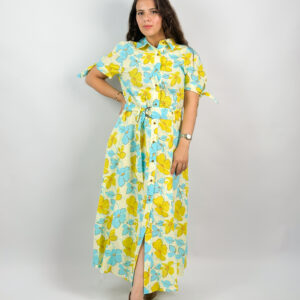 Robe chemise longue jaune et bleu