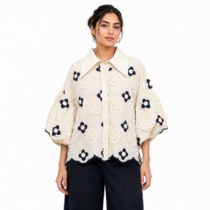 Blouse Brodée Écru Bleu